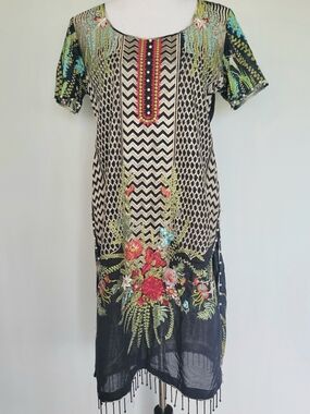 Handmade Oriental Embroidered Black Floral Tunic Dress Chevron Pattern Sz Large